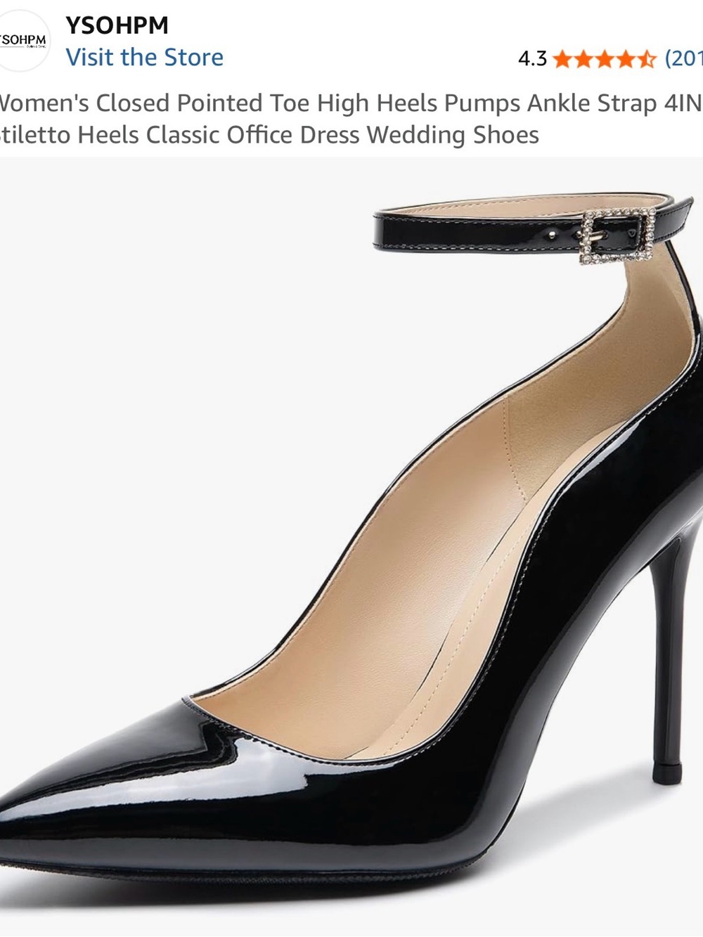 Women's Black Patent Pointed-Toe Stiletto Pumps with Ankle Strap